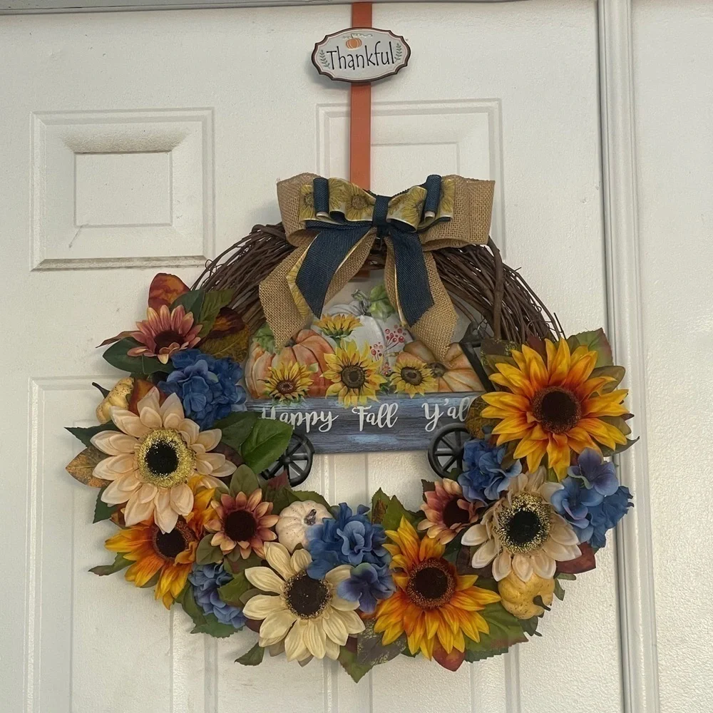 Handmade fall sunflower wreath sign says happy fall y’all 24”